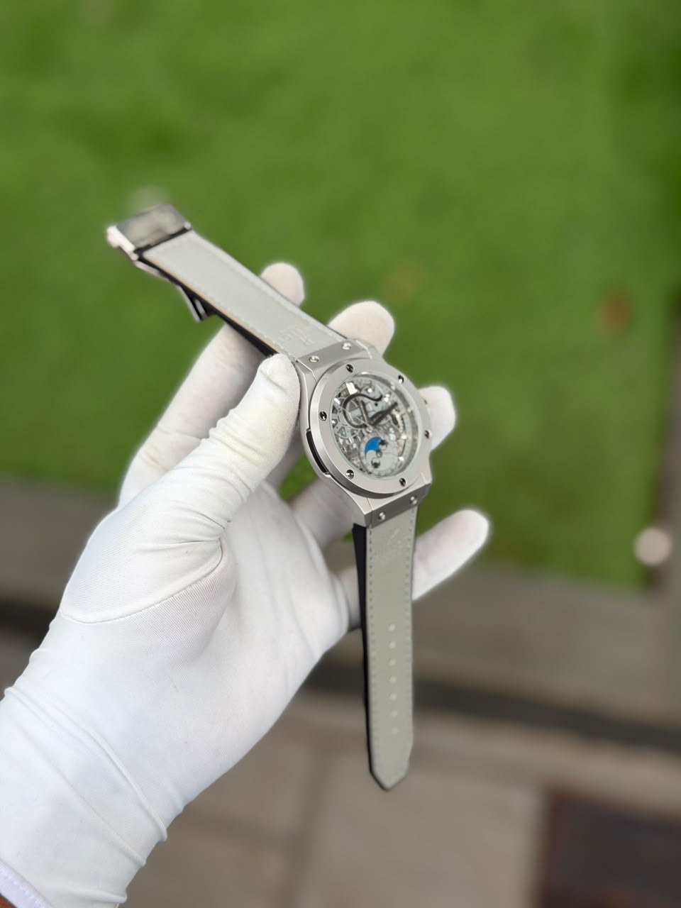 Men's Luxury Skeleton Style Watch with Moon Phase Dial – Silver Case & Light Gray Strap