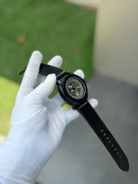 Men's Skeleton Automatic Mechanical Watch – Matte Black Case & Leather Strap