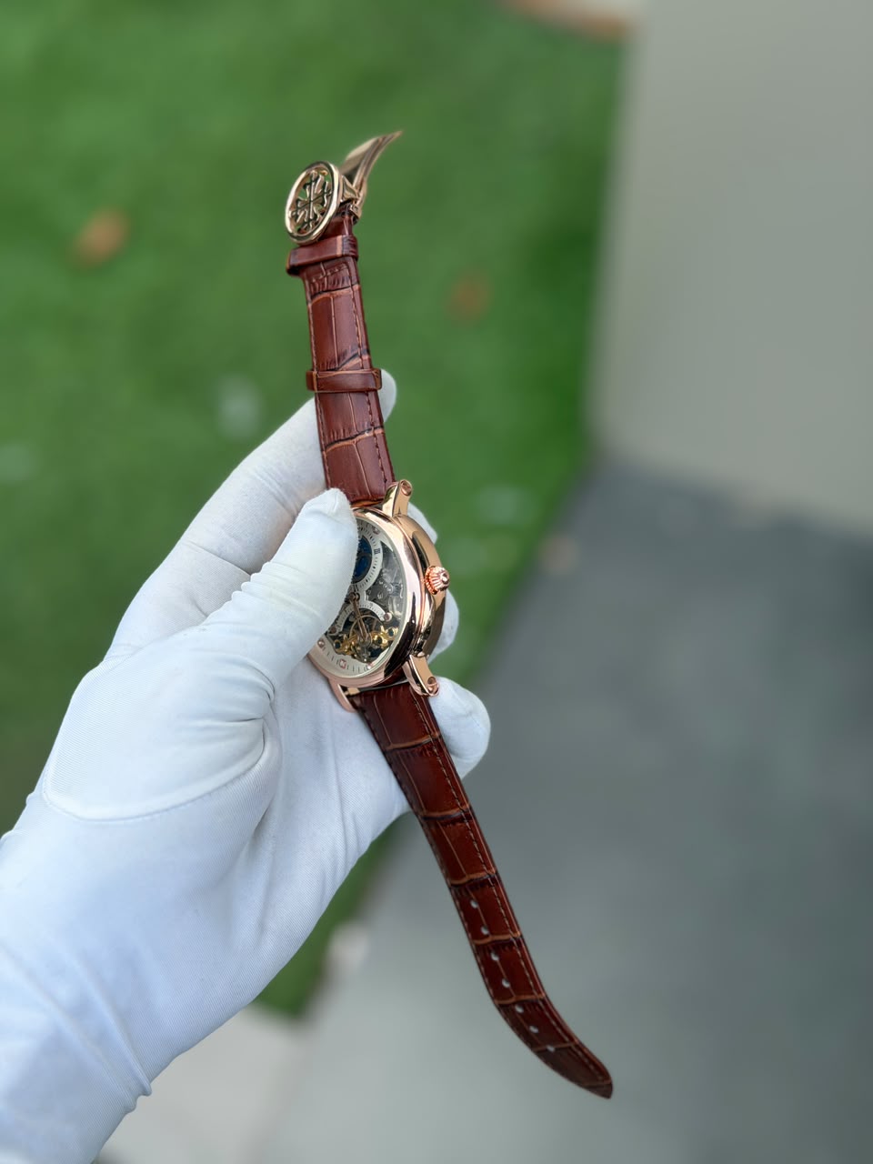 Luxury Rose Gold Automatic Skeleton Leather Watch