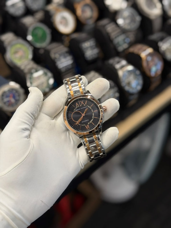 Two-Tone Automatic Stainless Steel Men's Watch with Black Textured Dial