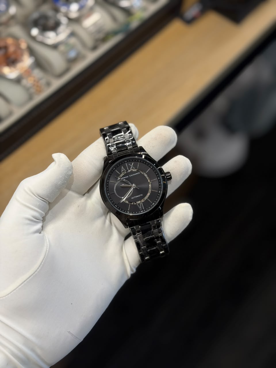 Men's All-Black Automatic Stainless Steel Watch with Textured Dial