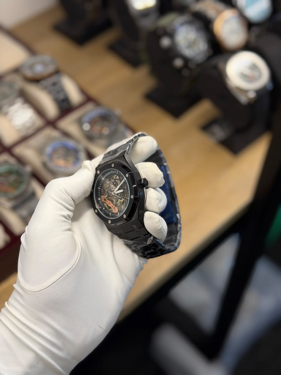 Men's All-Black Octagonal Skeleton Automatic Watch with Integrated Bracelet