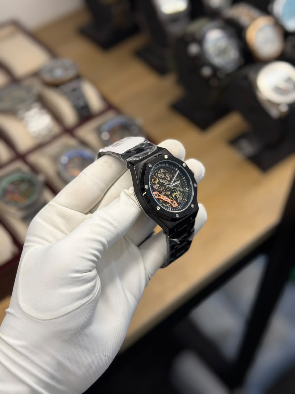 Men's All-Black Octagonal Skeleton Automatic Watch with Integrated Bracelet