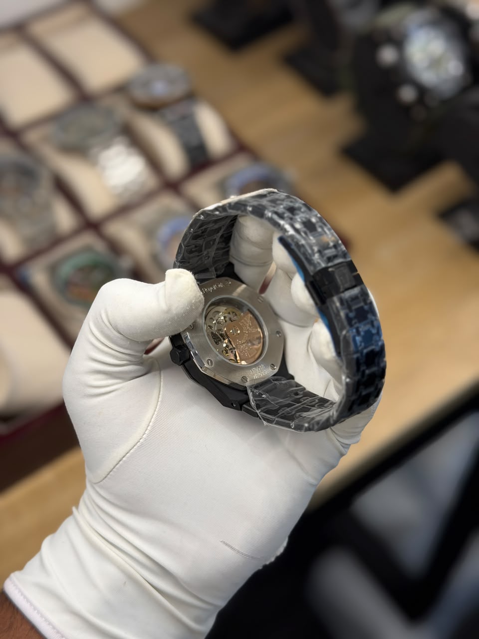 Men's All-Black Octagonal Skeleton Automatic Watch with Integrated Bracelet