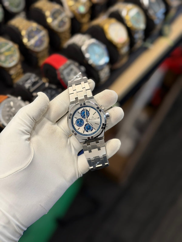 Premium Chronograph-Style Analog Watch with Silver Metal Strap