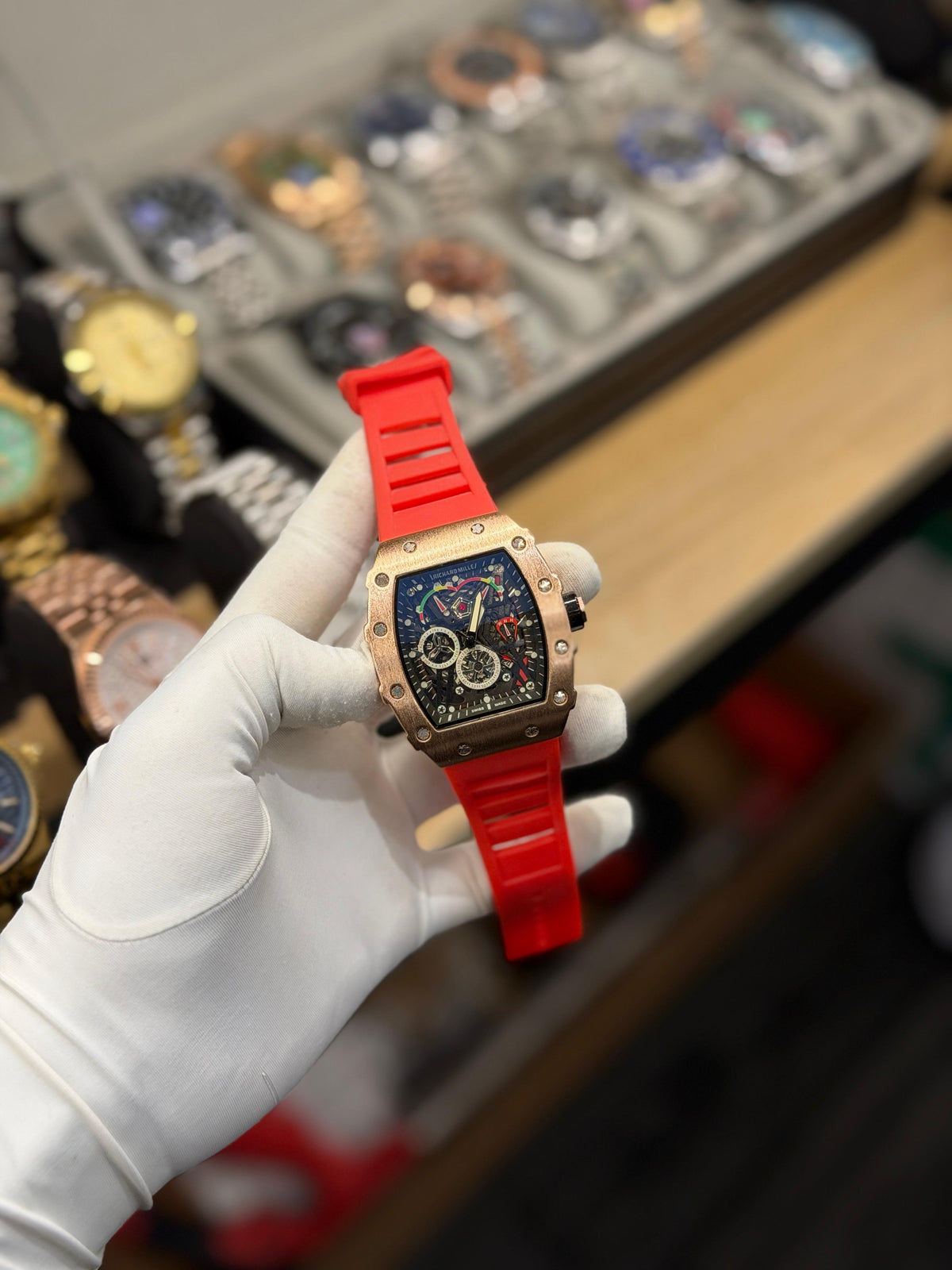 Men's Rose Gold Square Dial Sports Watch – Red Strap