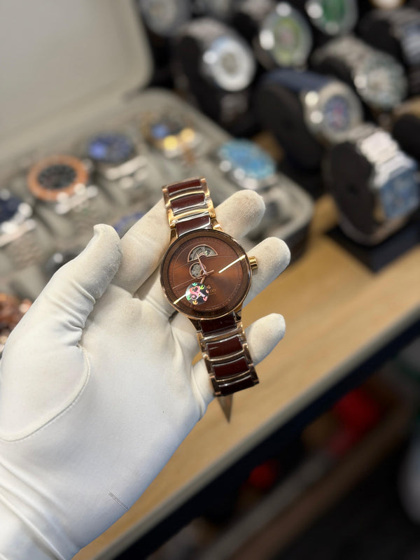 Luxury Brown Dial Automatic Skeleton Watch – Rose Gold Two-Tone Bracelet