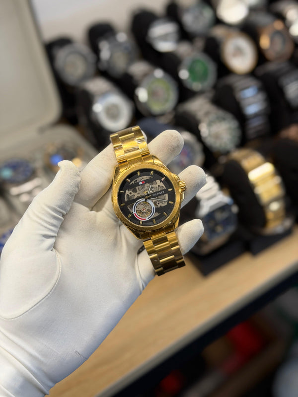 Luxury Gold Skeleton Automatic Watch – Stainless Steel Bracelet