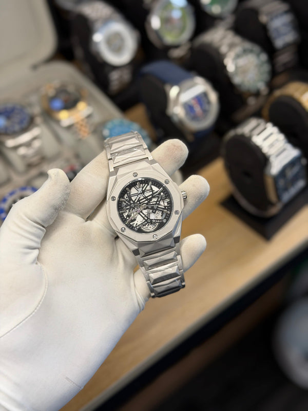 Luxury Silver Skeleton Dial Watch for Men