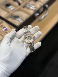 Luxury Two-Tone Skeleton Automatic Watch – Rose Gold & Silver