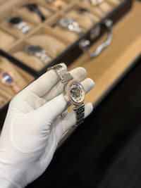 Luxury Two-Tone Skeleton Automatic Watch – Rose Gold & Silver