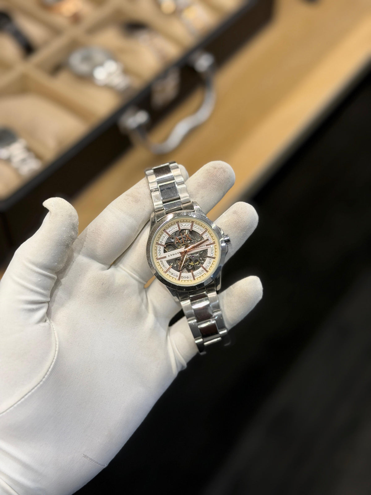 Luxury Silver Skeleton Dial Analog Automatic Watch – Gold Accent