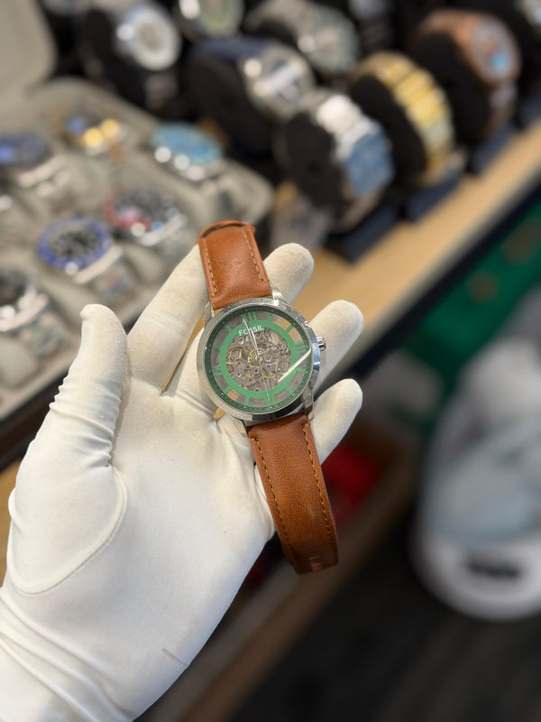 Classic Green Skeleton Automatic Watch – Brown Leather Strap