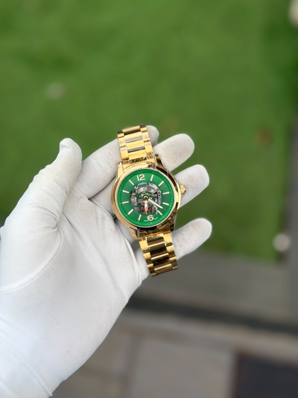 Men's luxury skeleton watch - Green Gold