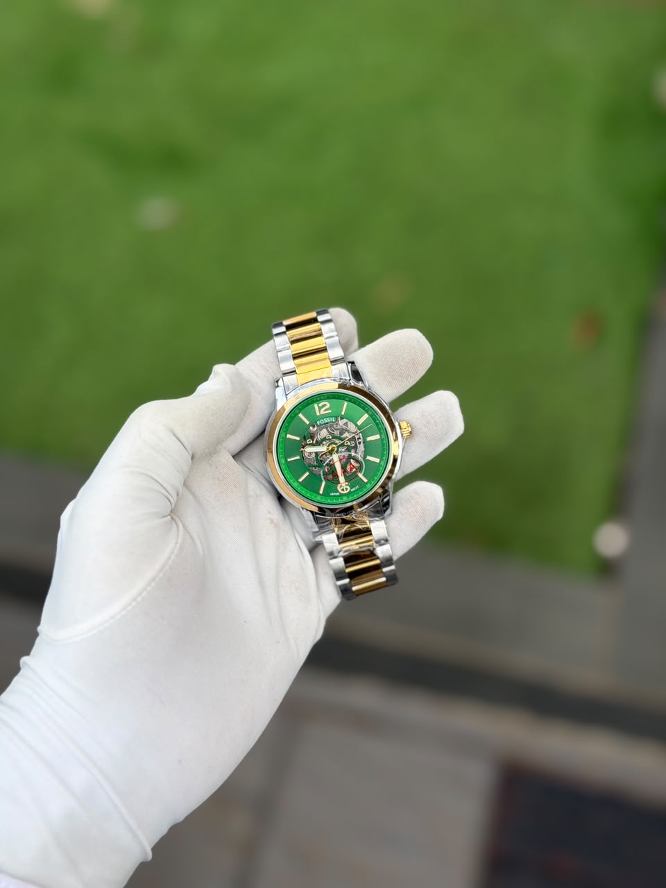 Men's luxury skeleton watch - Green Two-Tone
