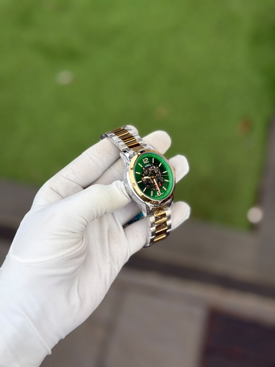 Men's luxury skeleton watch - Green Two-Tone
