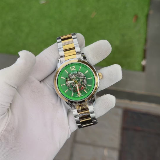 Men's luxury skeleton watch - Green Two-Tone